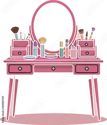 Mirror and different beauty products on pink dressing table