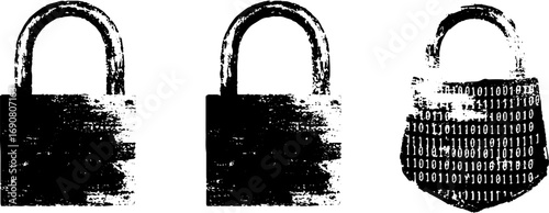 Grunge black and white cybersecurity lock illustration set for digital design