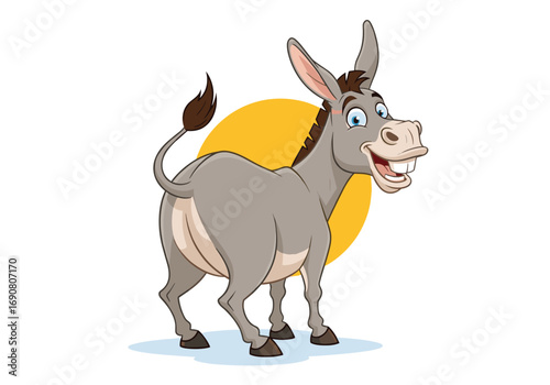A happy gray donkey with big ears and a wide smile standing proudly