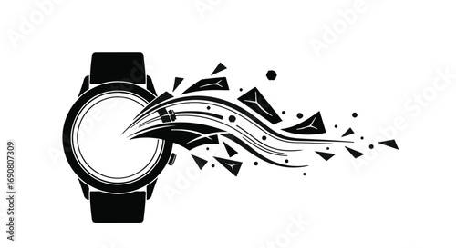 Smartwatch exploding with digital data streams and geometric shapes