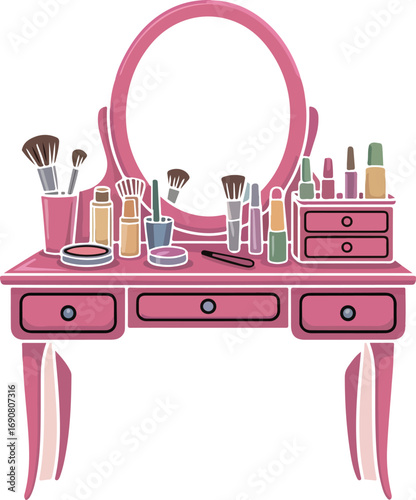 A makeup vanity with a variety of beauty products dressing table