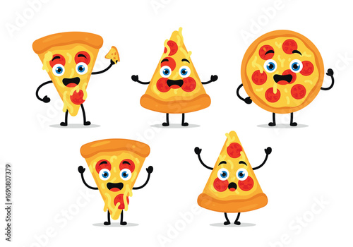 Whimsical cartoon pizza slices expressing joyful emotions with fun expressions