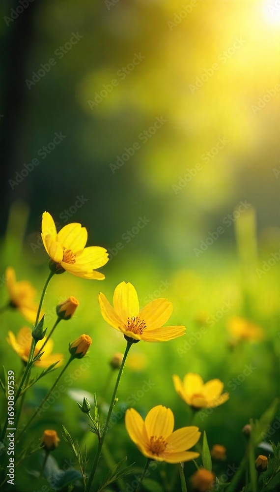 Obraz premium Enchanted fairy-like yellow flowers gently sway in a sunlit meadow, delicate petals catching the golden light Perfect for whimsical, magical, and fairytale themes , golden, soft