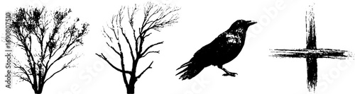 Grunge black and white set: tree silhouettes and crow graphic for art and design