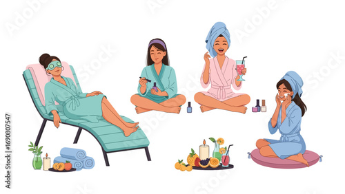 Diverse women enjoying a relaxing spa day at home with skincare routines beauty treatments and self care activities in comfortable robes and towels