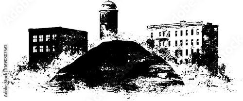 Urban grunge black and white cityscape with buildings and water tower for creative design
