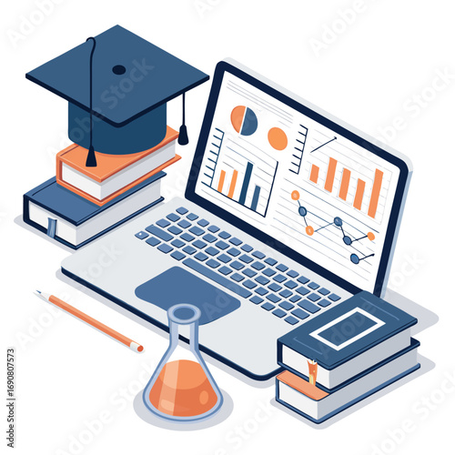 Vector art of online education concept with laptop, graduation cap, books, and science equipment for elearning and knowledge
