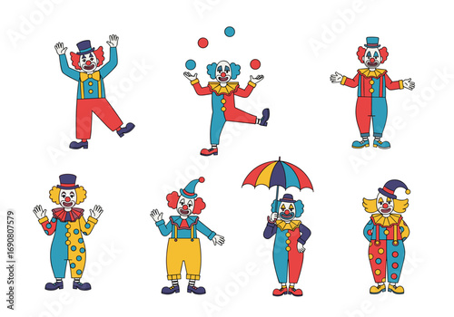 Collection of seven diverse cartoon clowns performing various fun activities together