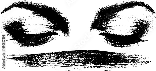 Grunge black and white illustration of closed eyes with textured brushstroke - art print design