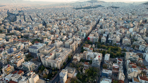 Fototapeta Naklejka Na Ścianę i Meble -  Aerial view around the capitol city Athens in Greece on an early sunny morning in fall.