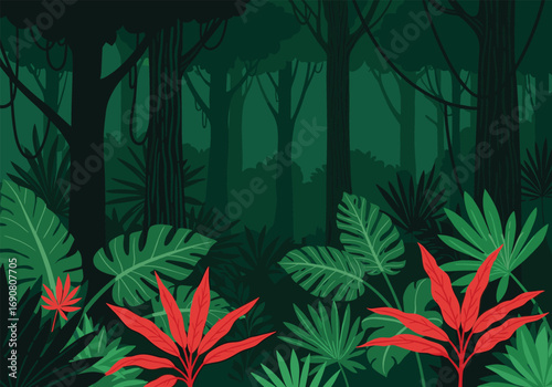 Enchanting lush green jungle canopy with vibrant red exotic flowers and dense foliage