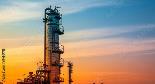 Industrial refinery tower against a vibrant sunset sky, showcasing the complex structure and the energy production process at dusk