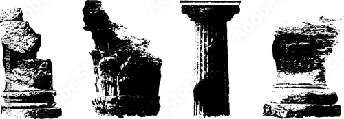 Grunge black and white set of ancient column illustrations for design and decoration