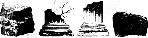 Grunge black and white ancient ruins illustration for decor and design projects