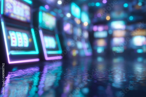 Futuristic casino interior with glowing slot machines in neon blue and purple lights reflected on glossy floor, modern gambling hall background for entertainment design