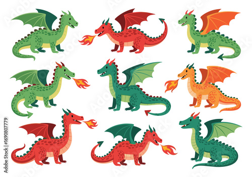 Collection of colorful pixel art dragons breathing fire in different poses and colors