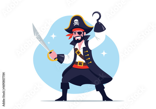 A fierce pirate captain with a sword and hook ready for adventure on the high seas