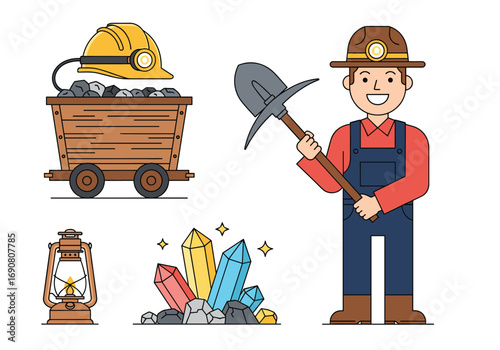 Miner with tools and treasures discovering precious gems and coal