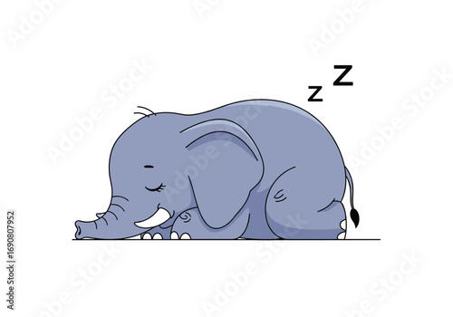 A cute little elephant takes a peaceful nap on a white background illustration