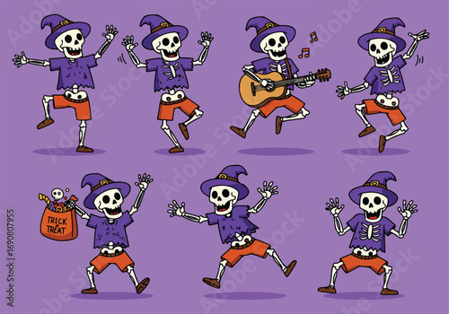 A Spooky Halloween Skeleton Extravaganza Dancing, Playing Guitar, and Trick-or-Treating in Festive Costumes, a Holiday Celebration of Fun!