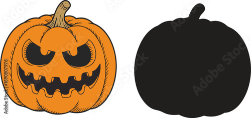 A cartoon jack o lantern and its silhouette on a white background