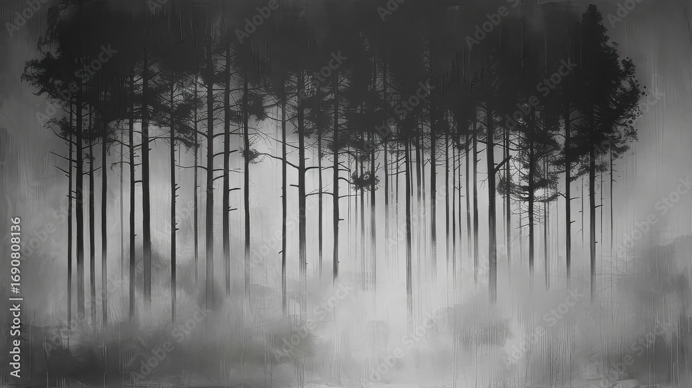 Fototapeta premium A monochrome image of tall trees in a forest with fog and mist obscuring the lower half