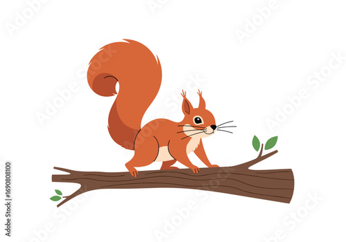 A curious red squirrel perched on a thick tree branch amidst green leaves
