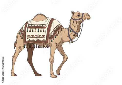 Elegant arabian camel adorned with traditional saddle walking gracefully through desert landscapes