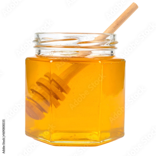Jar Of Golden Honey With Wooden Dipper On Transparent Background