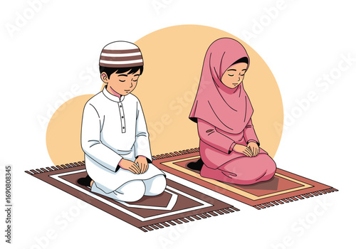 Two muslim children praying on prayer rugs in a peaceful atmosphere
