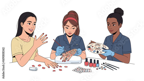 Three diverse women enjoying a nail art session together painting nails applying polish and sharing beauty tips at a table