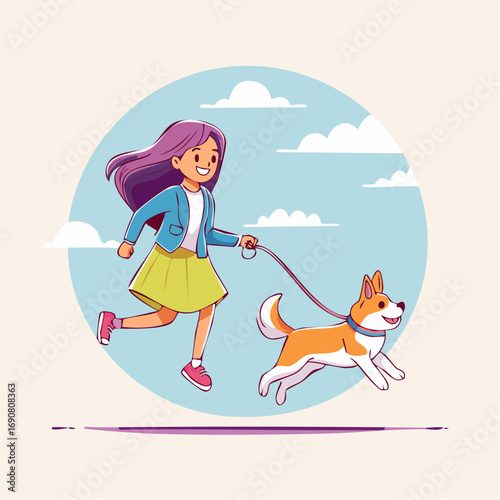 A cheerful vector illustration of a girl with long purple hair running with her dog on a leash. This graphic captures a joyful and energetic friendship. Perfect for pet care, childhood, and outdoor th