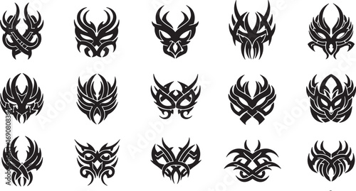 Collection of intricate black and white tribal tattoo-style designs featuring abstract symmetrical patterns, perfect for graphic elements or decorative motifs