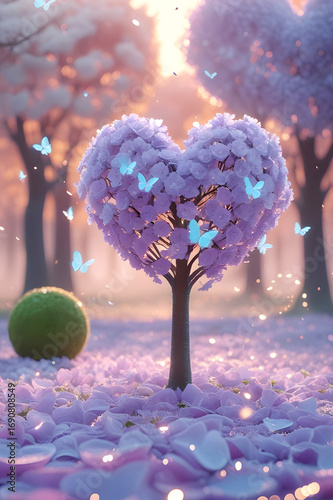 Magical Heart Shaped Tree with Blossoms and Butterflies in Fantasy Garden