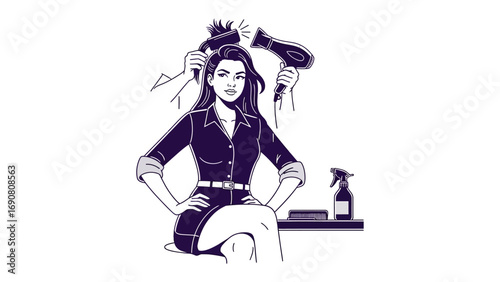 Stylish woman with long dark hair sitting confidently with hands on hips while a hairdresser styles her hair with scissors and a hairdryer