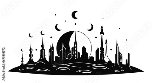 Futuristic cityscape silhouette under a crescent moon with rockets launching into space.