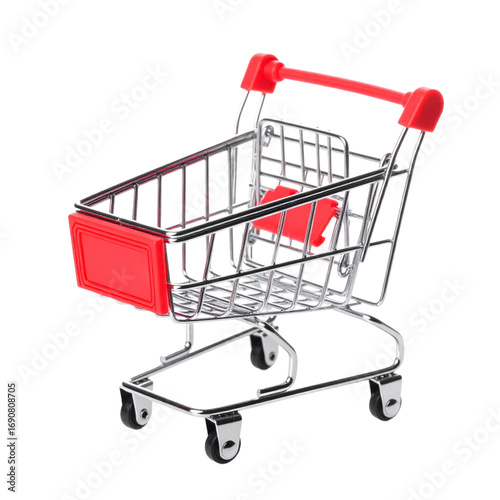Miniature Shopping Cart Isolated on Transparent Background with Metallic Frame and Red Accents