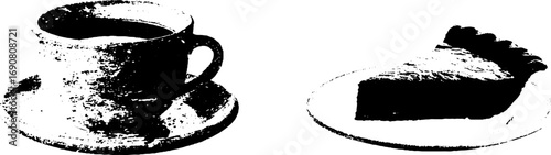 Grunge black and white diner illustration set: coffee cup and pie for vintage design
