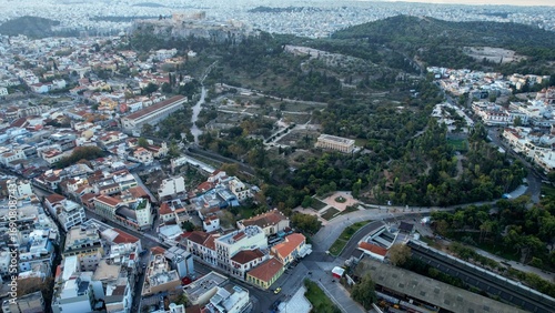 Fototapeta Naklejka Na Ścianę i Meble -  Aerial view around the capitol city Athens in Greece on an early sunny morning in fall.