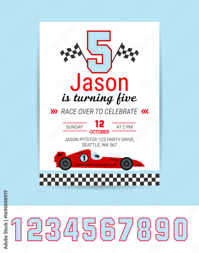 Obraz premium Birthday boy invitation card with race car and set of numbers from 1 to 9. Vector birthday party theme template design. Cartoon illustration.