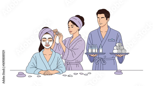 Diverse group of people in bathrobes and towels enjoying a relaxing spa day at home with skincare products and facial masks