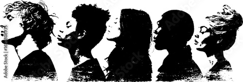 Grunge black and white silhouette set of divers in urban style for art and design