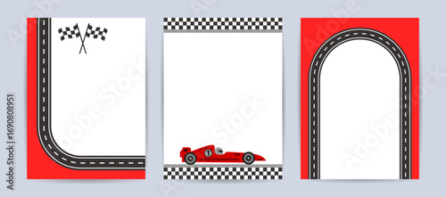 Set of card racing car theme template design. Frame with checkered finish flags, road and race car. Vector background for greeting card, invitation, poster,  social media.