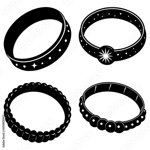 Illustration of four different styled bracelets with varying designs and patterns in black and white color