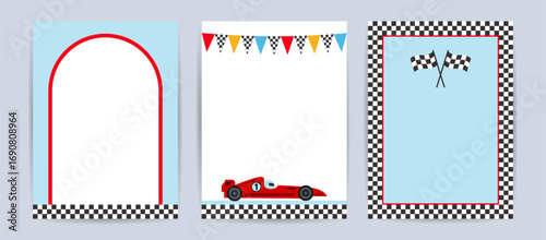 Set of card racing car theme template design. Frame with checkered finish flags, road and race car. Vector background for greeting card, invitation, poster,  social media. Kids illustration.
