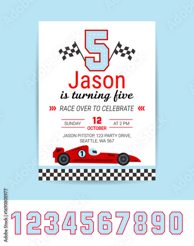 Birthday boy invitation card with race car and set of numbers from 1 to 9. Vector birthday party theme template design. Cartoon illustration.