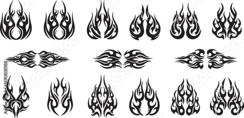 Set of black silhouette flame icons for diverse graphic designs