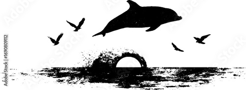 Grunge black and white dolphin set with ocean and birds for art design