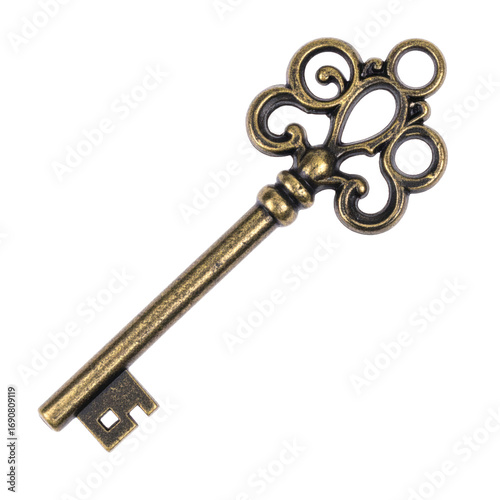 Ornate Antique Key Isolated on Transparent Background Showing Detailed Bronze Texture
