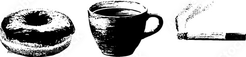 Grunge black and white vintage style donut, coffee, and cigarette trio illustration